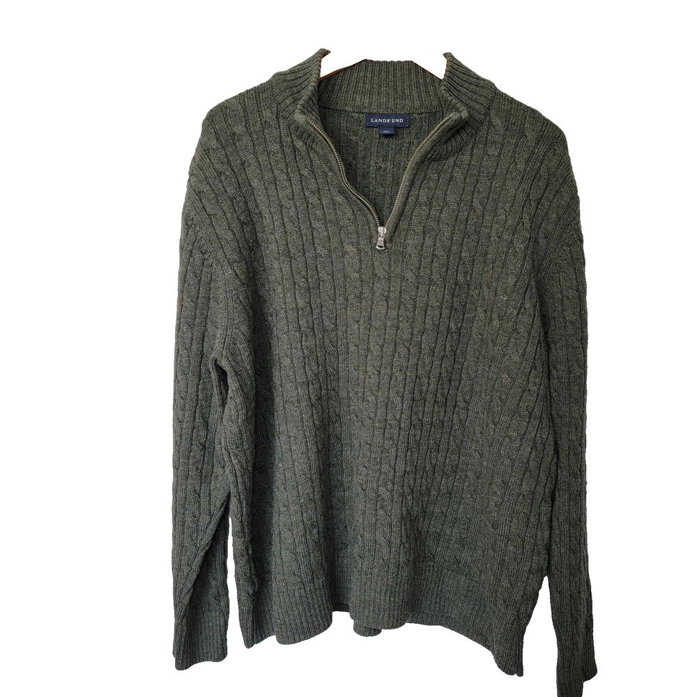 Lands End 100% Wool Cable Knit Sweater Mens XL Green Office Preppy Fisherman Zip